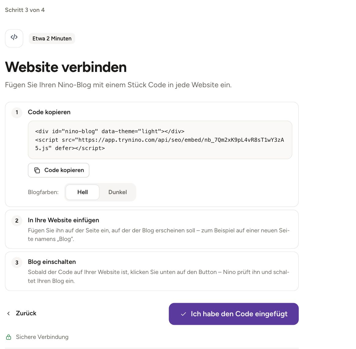 Nino-Bildschirm „Website verbinden“ mit dem Code zum Kopieren
