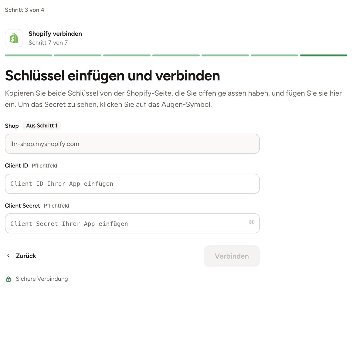 Nino-Bildschirm „Schlüssel einfügen und verbinden“ für Shopify
