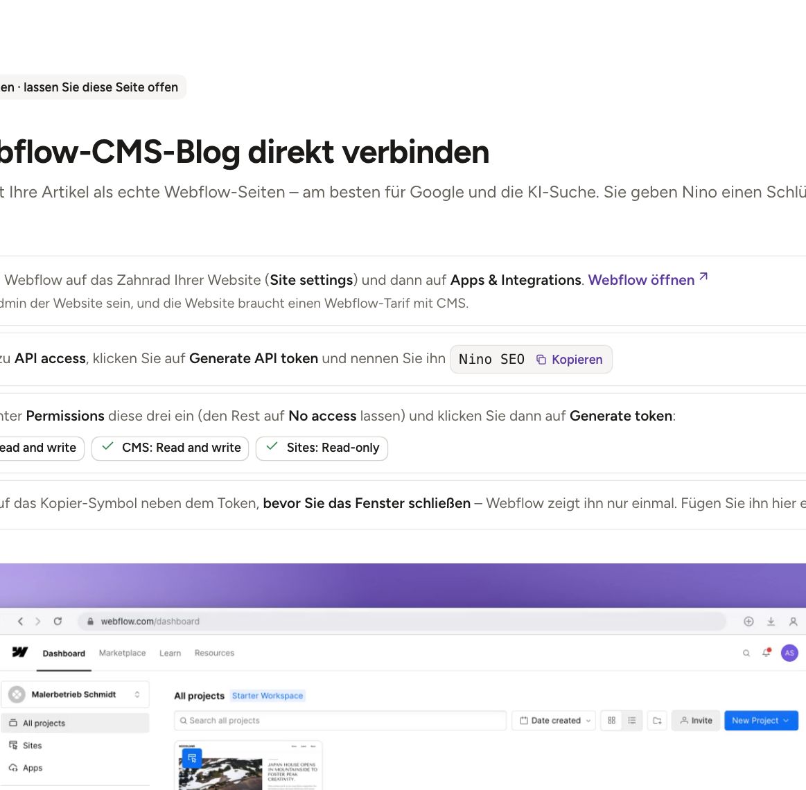 Nino-Bildschirm „Ihren Webflow-CMS-Blog direkt verbinden“