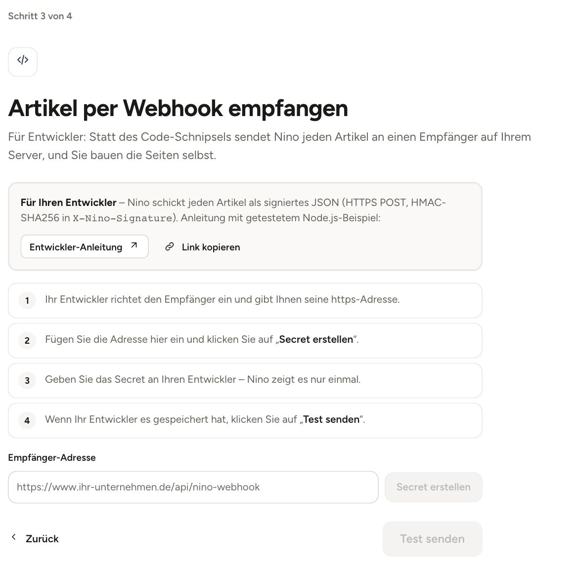 Nino-Bildschirm „Artikel per Webhook empfangen“