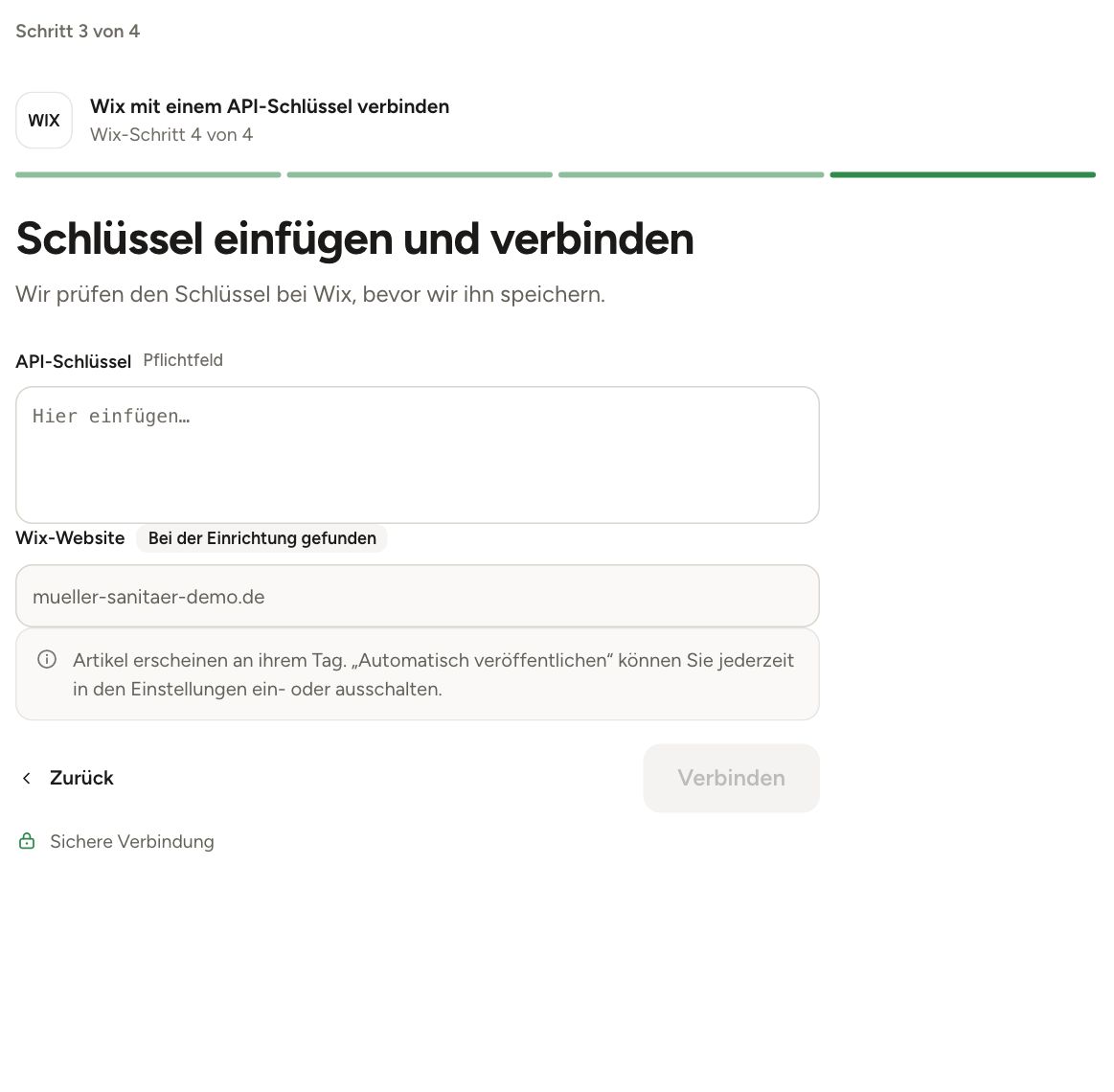 Nino-Bildschirm „Schlüssel einfügen und verbinden“ für Wix