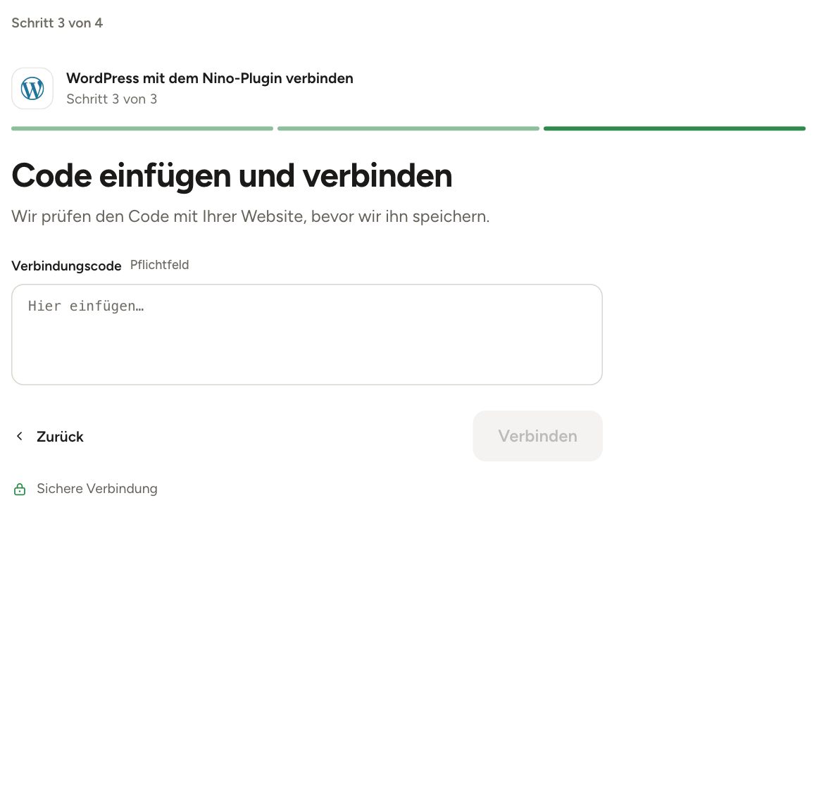 Nino-Bildschirm „Code einfügen und verbinden“