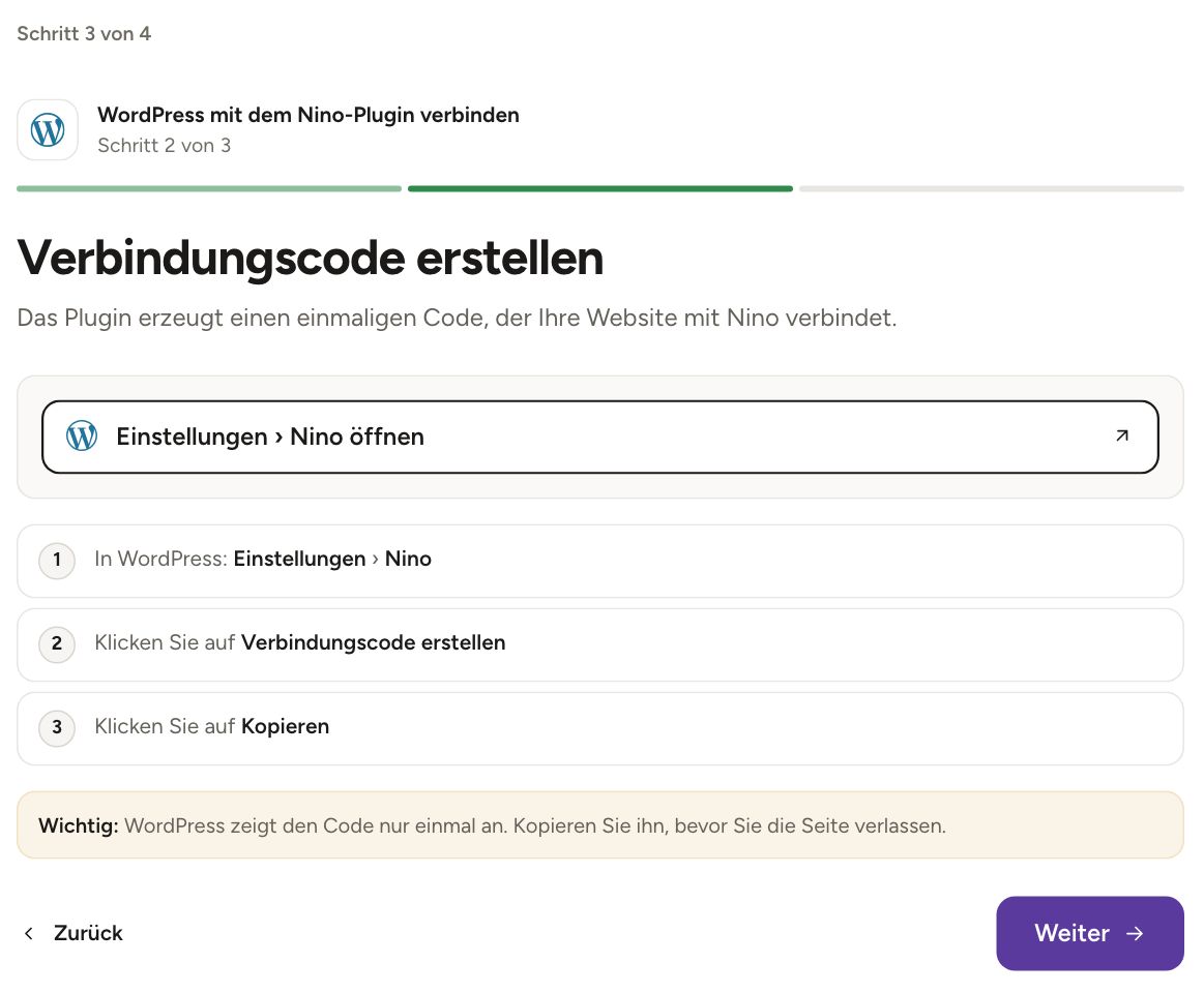 Nino-Bildschirm „Verbindungscode erstellen“